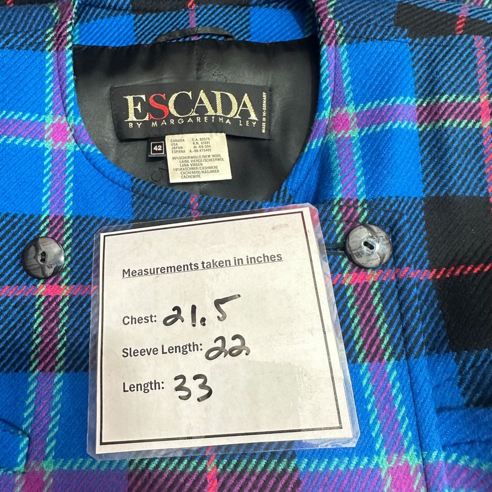 Escada‎ Margaretha Ley Vintage Blue Plaid Wool Cashmere Blazer Jacket Womens 42 - Picture 10 of 10
